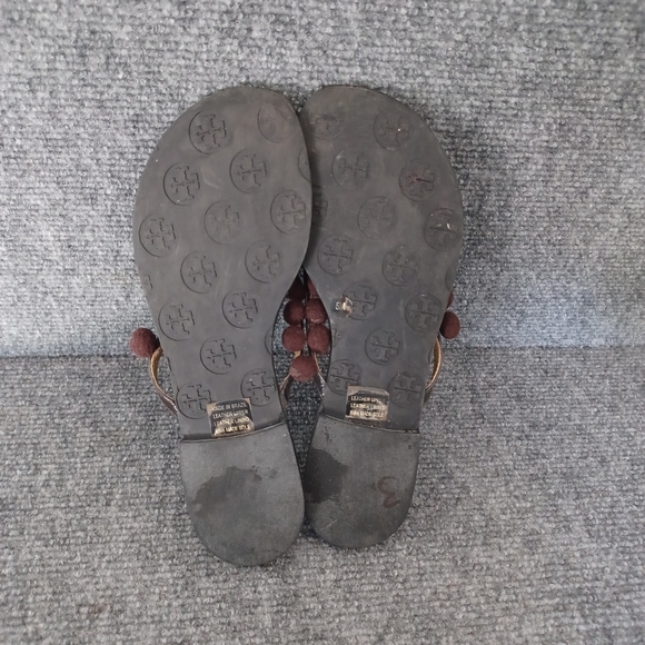 Tory Burch Women Leather Pom Pom Flip Flop Shoe Size 5 Boho Color Brown - Picture 6 of 11